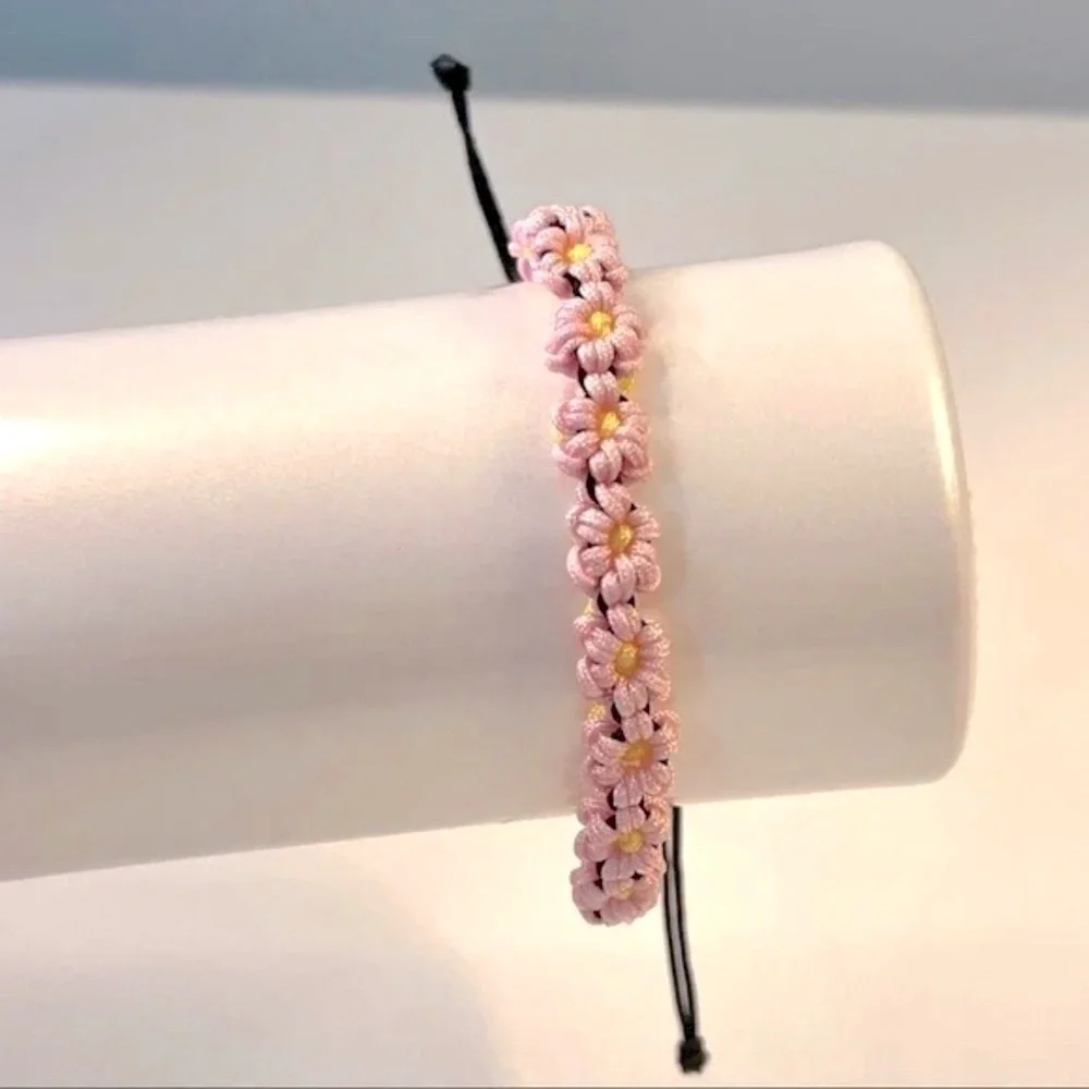 Handmade Peach Blossom Pink Floral Chinese Adjustable Bracelet Black Gift Asian